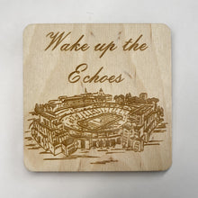Load image into Gallery viewer, This Notre Dame Stadium Coaster Set is crafted from birch, laser-engraved, and each coaster measures 3.5" x 3.5".