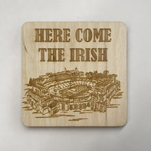 Load image into Gallery viewer, This Notre Dame Stadium Coaster Set is crafted from birch, laser-engraved, and each coaster measures 3.5" x 3.5".