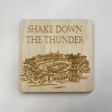 Load image into Gallery viewer, This Notre Dame Stadium Coaster Set is crafted from birch, laser-engraved, and each coaster measures 3.5" x 3.5".