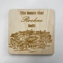 Load image into Gallery viewer, This Notre Dame Stadium Coaster Set is crafted from birch, laser-engraved, and each coaster measures 3.5" x 3.5".
