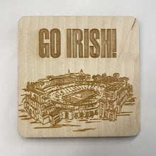 Load image into Gallery viewer, This Notre Dame Stadium Coaster Set is crafted from birch, laser-engraved, and each coaster measures 3.5" x 3.5".