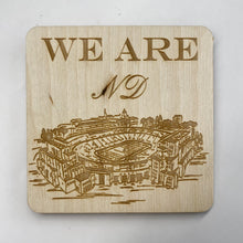 Load image into Gallery viewer, This Notre Dame Stadium Coaster Set is crafted from birch, laser-engraved, and each coaster measures 3.5" x 3.5".