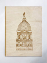 Load image into Gallery viewer, This Notre Dame Golden Dome Laser Print is an 8"x10" piece of artwork and fits an 11"x14" frame, with mat (frame and mat not included).