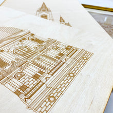 Load image into Gallery viewer, This Notre Dame Golden Dome Laser Print is an 8"x10" piece of artwork and fits an 11"x14" frame, with mat (frame and mat not included).