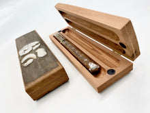 Load image into Gallery viewer, Our Notre Dame Stadium Bench Wood Cigar Box features gold-colored hinges, and has magnetic closures to keep cigars safe and sound. When closed the box measures 9.5" x 2.75" x 1.5".