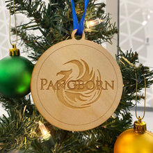 Load image into Gallery viewer, This Pangborn Hall Christmas Ornament is made from unstained birch, laser-engraved, and is 3.25" in diameter.