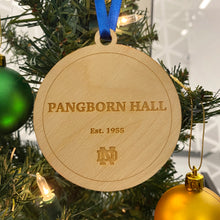 Load image into Gallery viewer, This Pangborn Hall Christmas Ornament is made from unstained birch, laser-engraved, and is 3.25" in diameter.