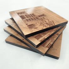 Load image into Gallery viewer, This Notre Dame Stadium Laser Coaster Set is crafted from birch, laser-engraved, and each coaster measures 3.5" x 3.5".