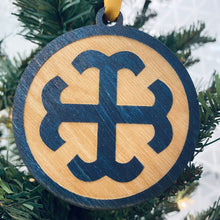 Load image into Gallery viewer, This Saint Mary's Christmas Ornament is made from blue-stained birch, laser-engraved, and is 3.25" in diameter.