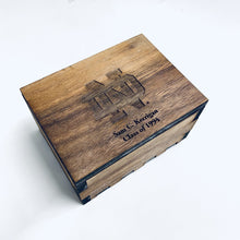 Load image into Gallery viewer, The cufflinks are topped with laser cut wood from pieces of the original Notre Dame Stadium Bench Wood material, removed in 2016. Cufflinks measure 5/8" square.