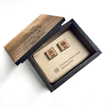 Load image into Gallery viewer, The cufflinks are topped with laser cut wood from pieces of the original Notre Dame Stadium Bench Wood material, removed in 2016. Cufflinks measure 5/8" square.