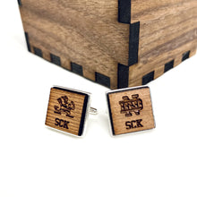 Load image into Gallery viewer, The cufflinks are topped with laser cut wood from pieces of the original Notre Dame Stadium Bench Wood material, removed in 2016. Cufflinks measure 5/8" square.