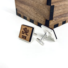 Load image into Gallery viewer, The cufflinks are topped with laser cut wood from pieces of the original Notre Dame Stadium Bench Wood material, removed in 2016. Cufflinks measure 5/8" square.