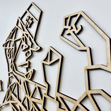 Load image into Gallery viewer, This Geometric Notre Dame Leprechaun Wall art measures 24" x 30" x 1/4" and is laser cut from unstained birch.