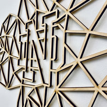 Load image into Gallery viewer, This Geometric Notre Dame Shamrock Wall art measures 24" x 24" x 1/4" and is laser cut from unstained birch.