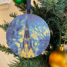 Load image into Gallery viewer, The ornaments are 3 1/4" in diameter and feature beautiful blue, yellow, and gold "painted" photos, imprinted on birch wood.