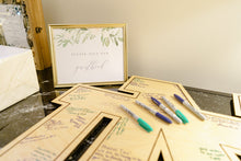 Load image into Gallery viewer, This beautiful Notre Dame Monogram Guest "Book" is crafted from golden, UV-prefinished 1/2" plywood and features a lasered pin-stripe outline. Our Notre Dame Monogram Guest "Book" measures 30" x 30".