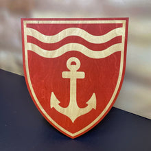Load image into Gallery viewer, This Baumer Hall Shield is crafted of red stained, laser-engraved birch. It measures 17&quot; x 14&quot;.
