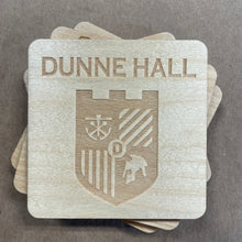 Load image into Gallery viewer, This Dunne Hall Coaster Set is crafted from birch, laser-engraved, and finished with our 5-step process! The coasters measure 3.5&quot; x 3.5&quot;.
