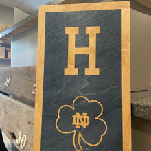 Load image into Gallery viewer, Our 40&quot; x 12&quot; x 1/2&quot; Premium Notre Dame HOME Vertical Sign comes in two color ways: Blue on Gold
