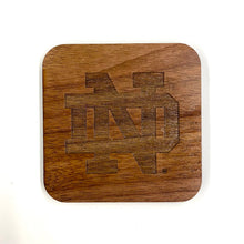 Load image into Gallery viewer, This Notre Dame Coaster Set is crafted from walnut hard wood, and portrays the most iconic of ND logos: The Monogram, The Shamrock, the Leprechaun, and the block IRISH. Each coaster measures 3.5&quot; x 3.5&quot;. 
