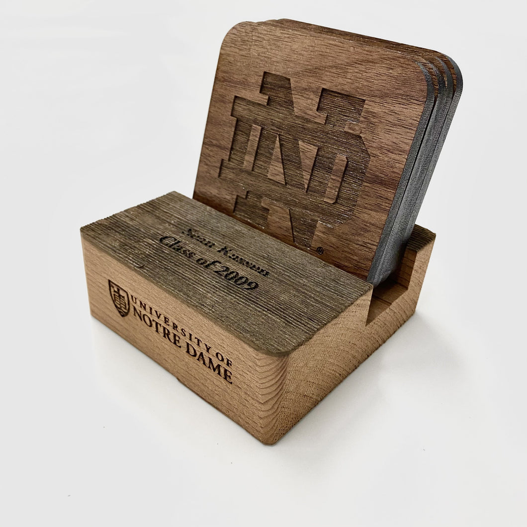 This Notre Dame Stadium Wood Coaster Holder measures 4