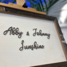 Load image into Gallery viewer, Bride and Groom Sign with Stadium Wood Frame
