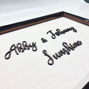 Bride and Groom Sign with Stadium Wood Frame
