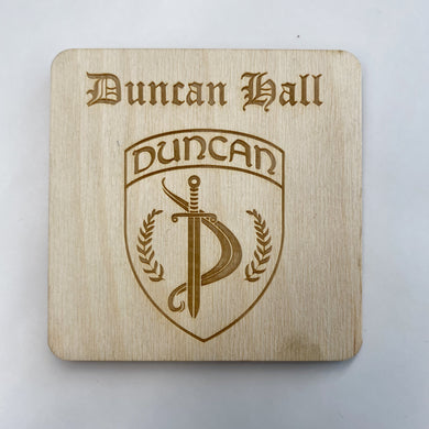 This Duncan Hall Coaster Set is crafted from birch, laser-engraved, and each measures 3.5