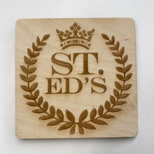 Load image into Gallery viewer, This St Edward&#39;s Hall Coaster Set is crafted from birch, laser-engraved, and each coaster measures 3.5&quot; x 3.5&quot;.
