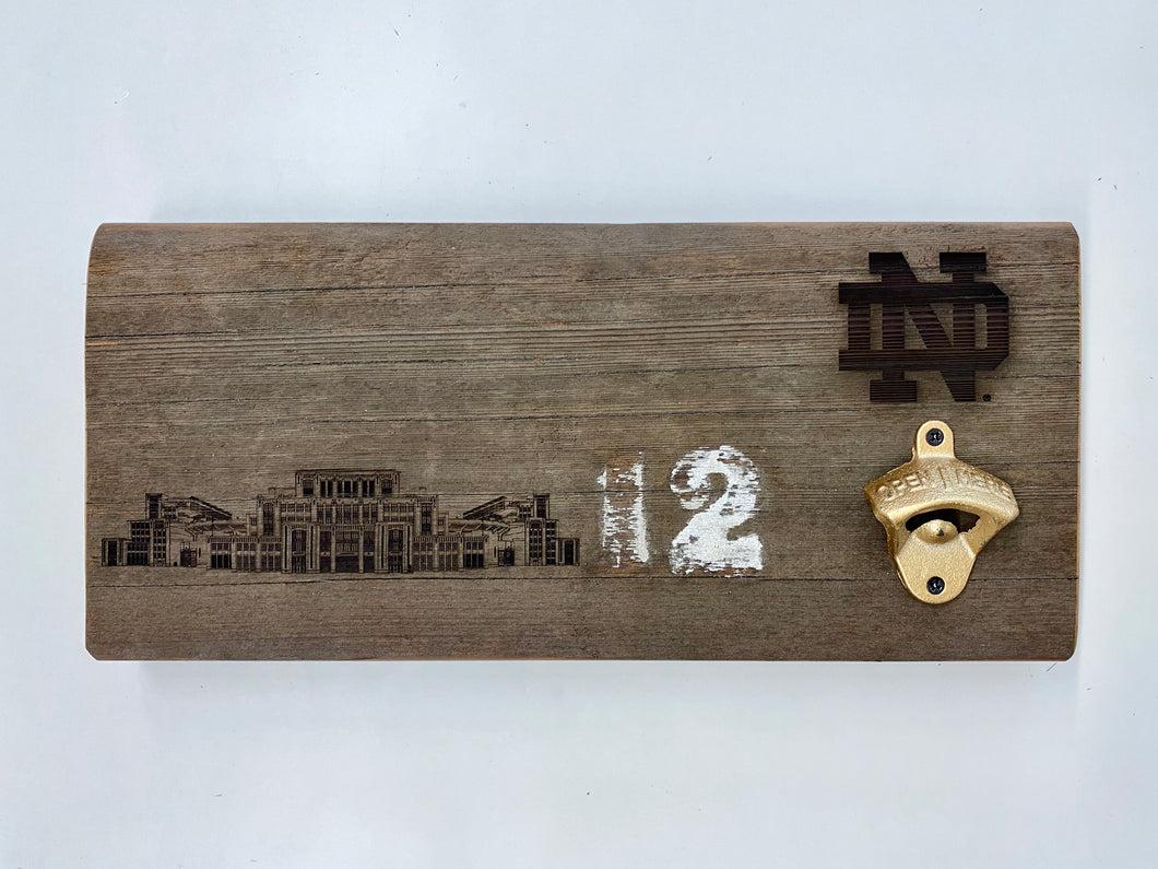 Our Notre Dame Stadium Bench Wood Bottle Opener is crafted from a full 16-inch stretch of stadium bench.