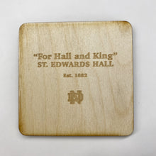 Load image into Gallery viewer, This St Edward&#39;s Hall Coaster Set is crafted from birch, laser-engraved, and each coaster measures 3.5&quot; x 3.5&quot;.
