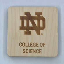 Load image into Gallery viewer, This ND College of Science Coaster Set is crafted from birch, laser-engraved, and each coaster measures 3.5&quot; x 3.5&quot;. 
