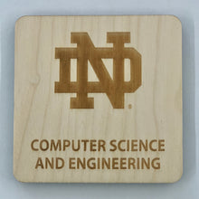 Load image into Gallery viewer, This ND Computer Science Engineering Coaster Set is crafted from birch, laser-engraved, and each coaster measures 3.5&quot; x 3.5&quot;.
