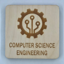 Load image into Gallery viewer, This ND Computer Science Engineering Coaster Set is crafted from birch, laser-engraved, and each coaster measures 3.5&quot; x 3.5&quot;.
