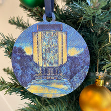 Load image into Gallery viewer, The ornaments are 3 1/4" in diameter and feature beautiful blue, yellow, and gold "painted" photos, imprinted on birch wood.
